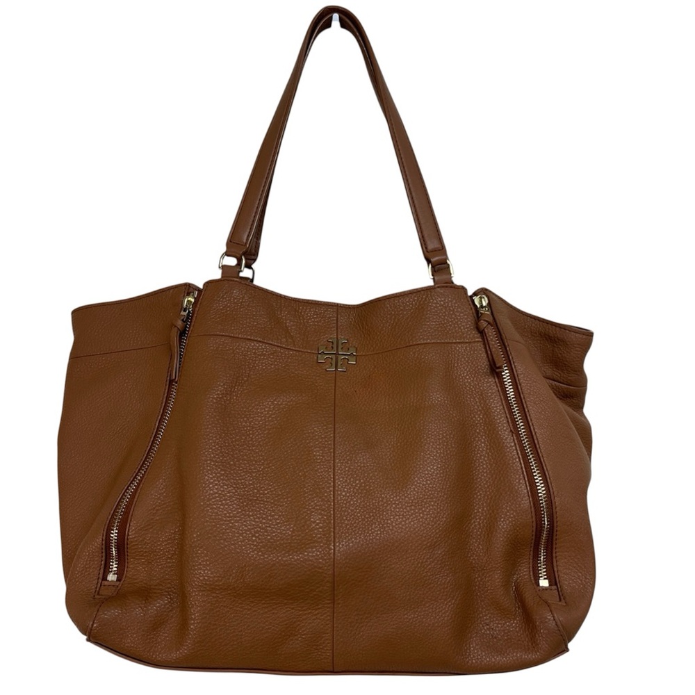 Tory Burch Tan Pebbled Leather Handbag Zipper Details Gold Metals Large